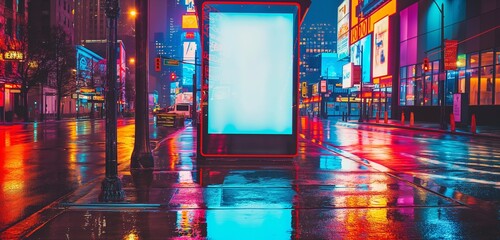 An empty vertical advertising kiosk on a neon-lit downtown street, with reflections of city lights...