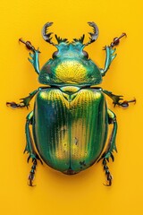 A vibrant green and yellow beetle on a bright yellow background. Perfect for nature or insect-related projects