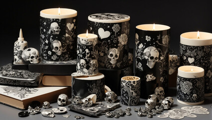 A black and white pattern of skulls and flowers.