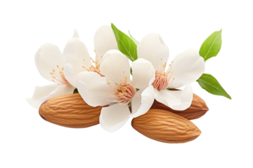 Delicate Almonds Dance With White Blossoms on a White or Clear Surface PNG Transparent Background.