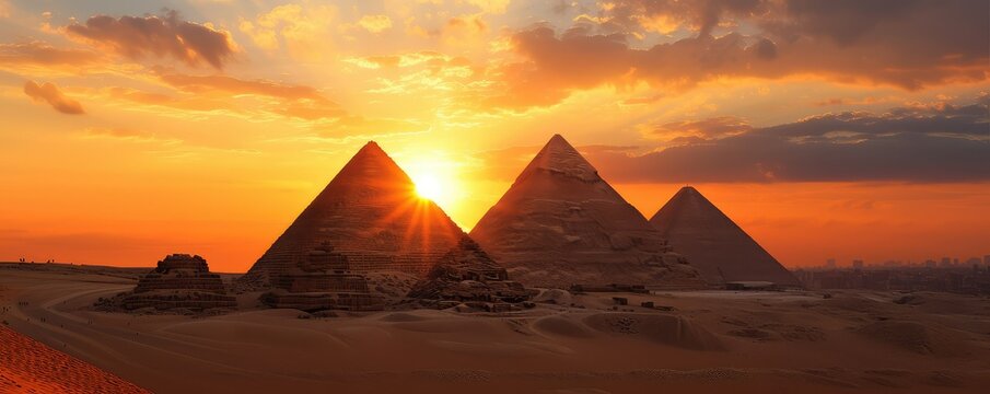 Ancient Egyptian pyramids at sunset
