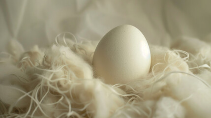 An egg nestled in a bed of soft, white cotton.