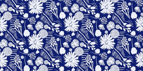 Indigo denim blue leaf motif seamless border. Japanese dye batik fabric style effect print banner swatch. 