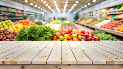 Bright wood table over blur in supermarket fruits and vegetables shelf