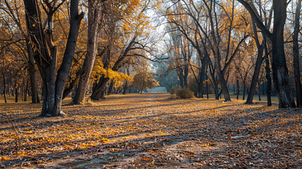 Beautiful autumn park with trees and dry leaves on gro