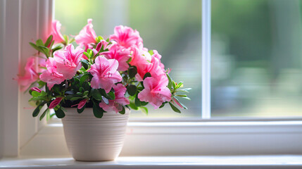 Beautiful azalea flowers in pot on windowsill indoors