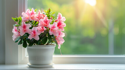Beautiful azalea flowers in pot on windowsill indoors