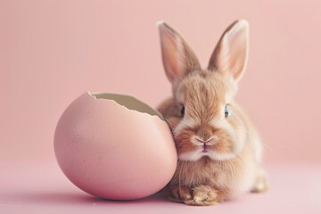 Adorable bunny emerging from egg on pink background