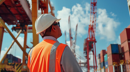A man in an orange safety vest stands in front of a power line. The sky is blue and the sun is shining brightly