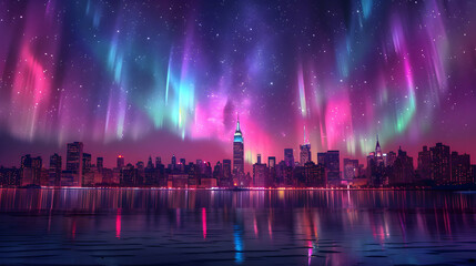 the Empire State Building, aurora borealis in the sky, sea, short exposure photography, vibrant colors, beautiful.