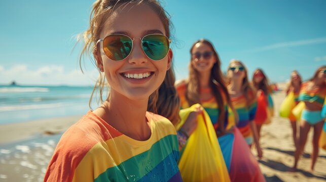 A group of young women in rainbow shirts and sunglasses cleaning up the beach with colorful bags, smiling at the camera, beautiful day, sandy shore