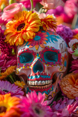 Colorful day of the dead sugar skull amidst flowers