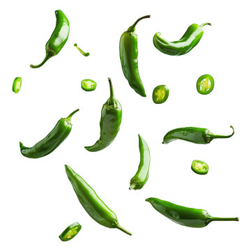 Fresh Green Jalapenos Falling Isolated on Transparent Background