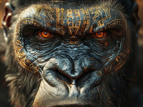 A close up of a gorilla's face. The gorilla is staring at the camera with its red eyes. Its face is covered in intricate golden tattoos.