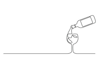 Wine glass and bottle continuous one line drawing vector illustration. Pro vector