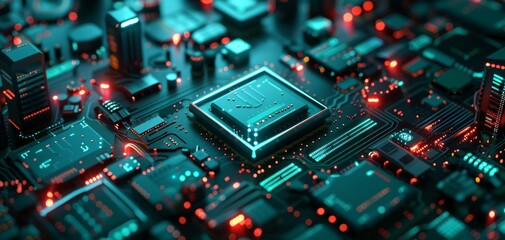 Close-up image of a glowing, futuristic microchip on a detailed electronic circuit board, showcasing advanced technology and innovation.