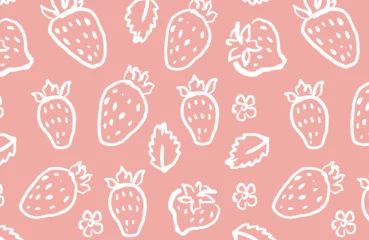 Fotobehang Naadloze herfst Hand drawn pink strawberries seamless pattern. Berries on light pink background. Naive art style backdrop. Fruit pattern design for textile, wallpaper, and print.  © Diana