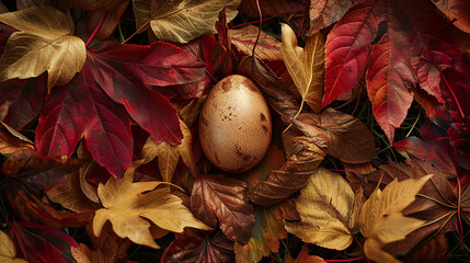 An egg surrounded by autumn leaves in shades of red and gold. - Powered by Adobe