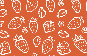 Hand drawn strawberries seamless pattern. Berries on orange red background. Naive art style backdrop. Fruit pattern design for textile, wallpaper, and print.