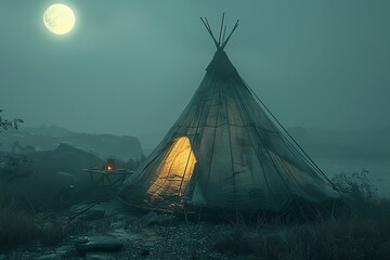 A tranquil nighttime scene featuring an illuminated tipi under a full moon, surrounded by serene wilderness and misty, atmospheric scenery.