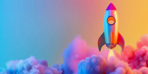 Cohete Lindo Despegando con Humo Colorido en un Fondo Gradiente: Concepto de Inicio de Ideas y Crecimiento Empresarial en un Estilo de Diseño Moderno para Banner o Presentación, Elemento de Diseño Web