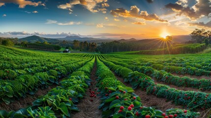 The scenic vista of the strawberry fields captivates the senses.