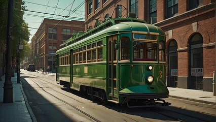 A classic green streetcar on a quiet urban road with vintage buildings and clear skies