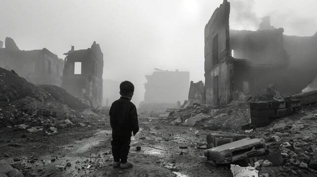 A child at the destruction after war