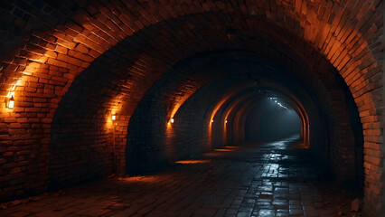 A mysterious and eerie brick tunnel with arches and dim lighting invites curiosity