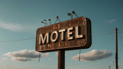 An old, weathered motel sign stands against a clear blue sky, depicting a sense of nostalgia and travel