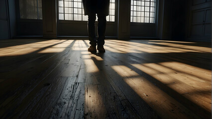 A person's silhouette is backlit by strong sunlight casting long shadows on a wooden floor in a spacious room