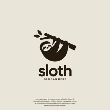 sloth hanging, tree branch, logo design.