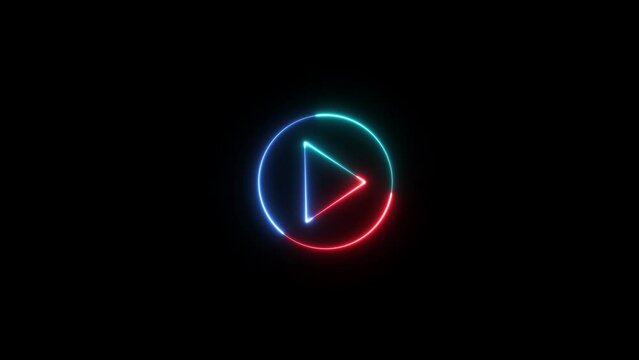Neon shine play button sign with neon circle animation. neon media player button. Neon glowing play button icon on the black background.
