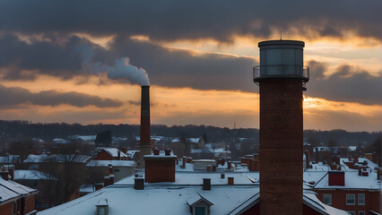 Naklejka premium Cold winter scene with smoke rising from smokestacks against a dramatic sky