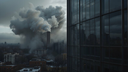 The ominous image captures a billowing plume of smoke rising from a factory chimney against a moody cityscape and reflective building façade