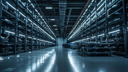 High-Tech Warehouse Interior with Shelves and Lighting