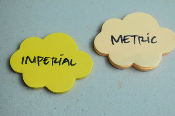 Concept of Imperial or Metric write on sticky notes isolated on Wooden Table.