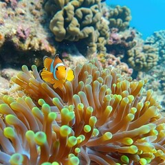 on coral feefs, anemones on tropical coral reefs AI generated