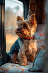 A small Yorkshire Terrier dog gazes curiously out of a vehicle window, showing its long silky fur and attentive expression