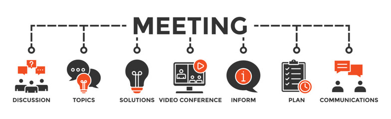 Meeting banner web icon illustration concept business meeting and discussion with communications, topics, solutions, plan, inform and video conference icon