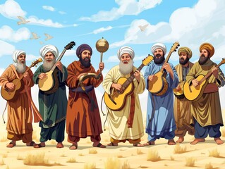 A group of men are playing instruments in a desert. The men are dressed in traditional clothing and are smiling as they play