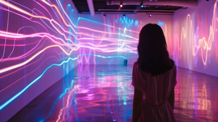 Obraz premium Digitized Dreamscape Flowing Grid of Neon Light