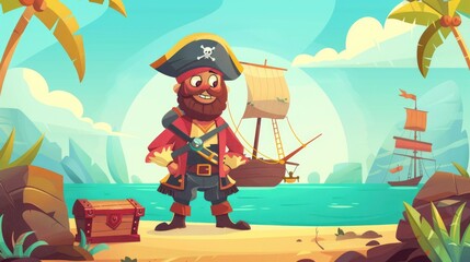 Naklejka premium Cute Pirate Cartoon Character Illustration with Wooden Wheel, Chest, Vintage Caribbean, Pirates and Jolly Roger on Ship on Sea or Island AI generated
