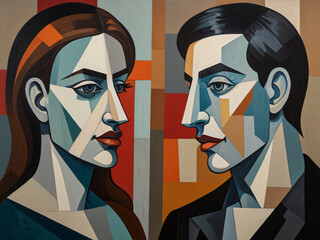 Cubist Influenced Portrait of a Couple. Generative AI.