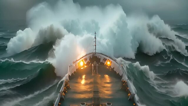 A boat is in the middle of a huge wave. The boat is surrounded by water and the waves are crashing against it. The scene is intense and dramatic