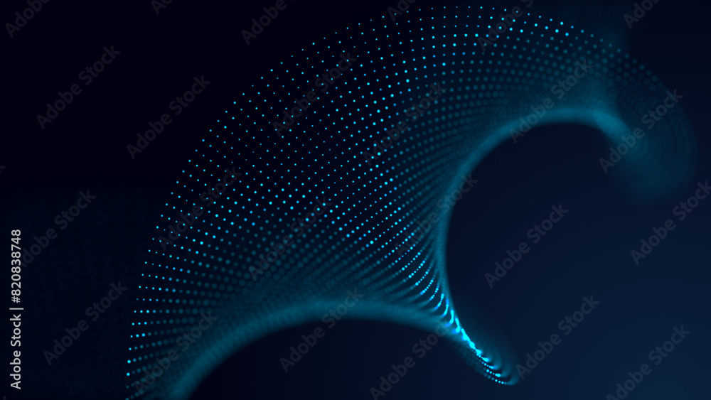 Poster a wave of blue particles. big data. abstract dynamic background. 3d rendering.