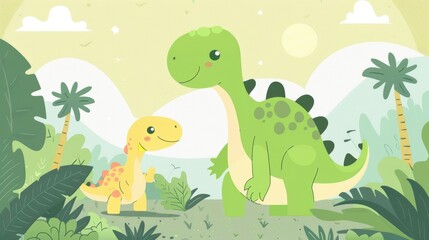 Fototapeta premium Cute dinosaur mother and baby illustration AI generated