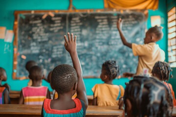 African children at school putting hands up