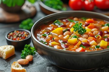 Minestrone Soup: A bowl of vegetable-rich minestrone soup with visible chunks of vegetables, beans, and pasta, in a hearty broth.