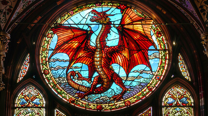 red dragon with horns, wings and tail, in the circular stained glass of a window of a church or cathedral